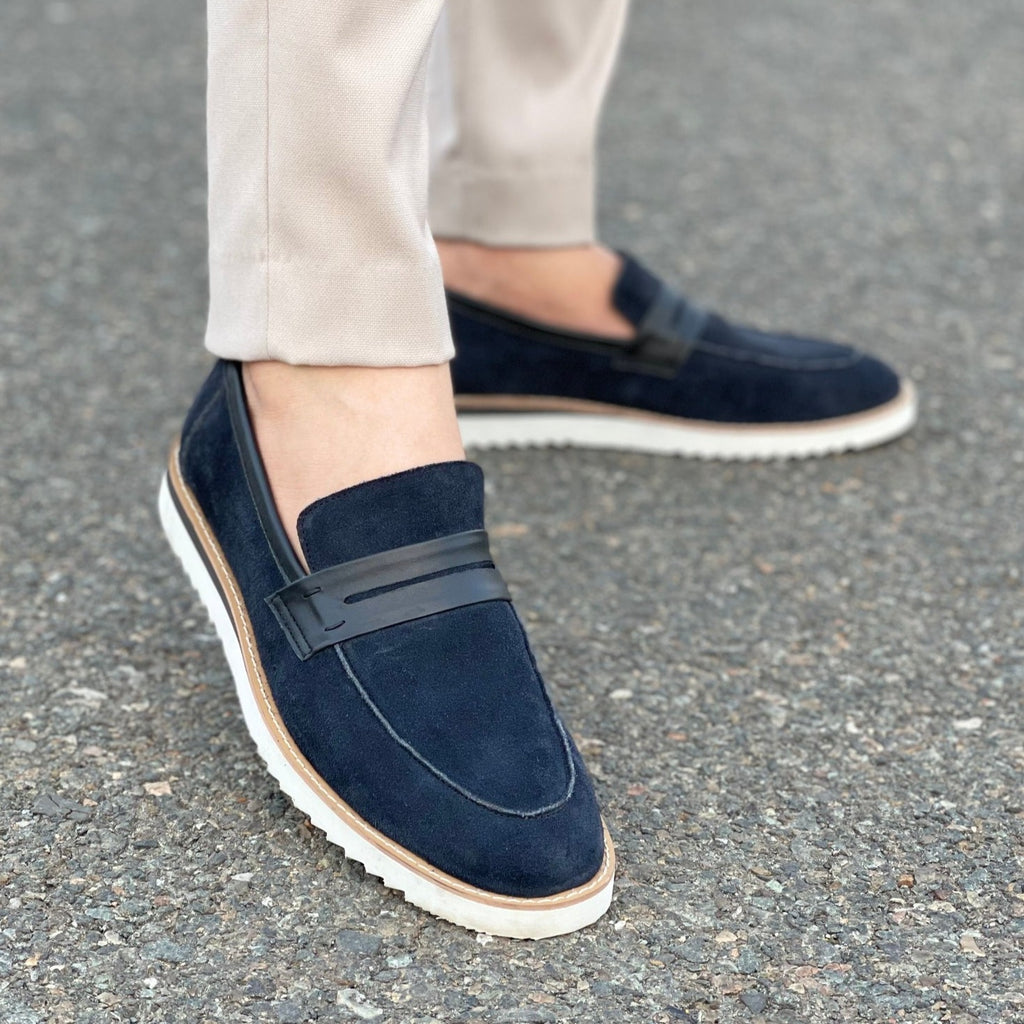 Degora Pure Leather Handmade Loafer Shoes-198 Suede Blue