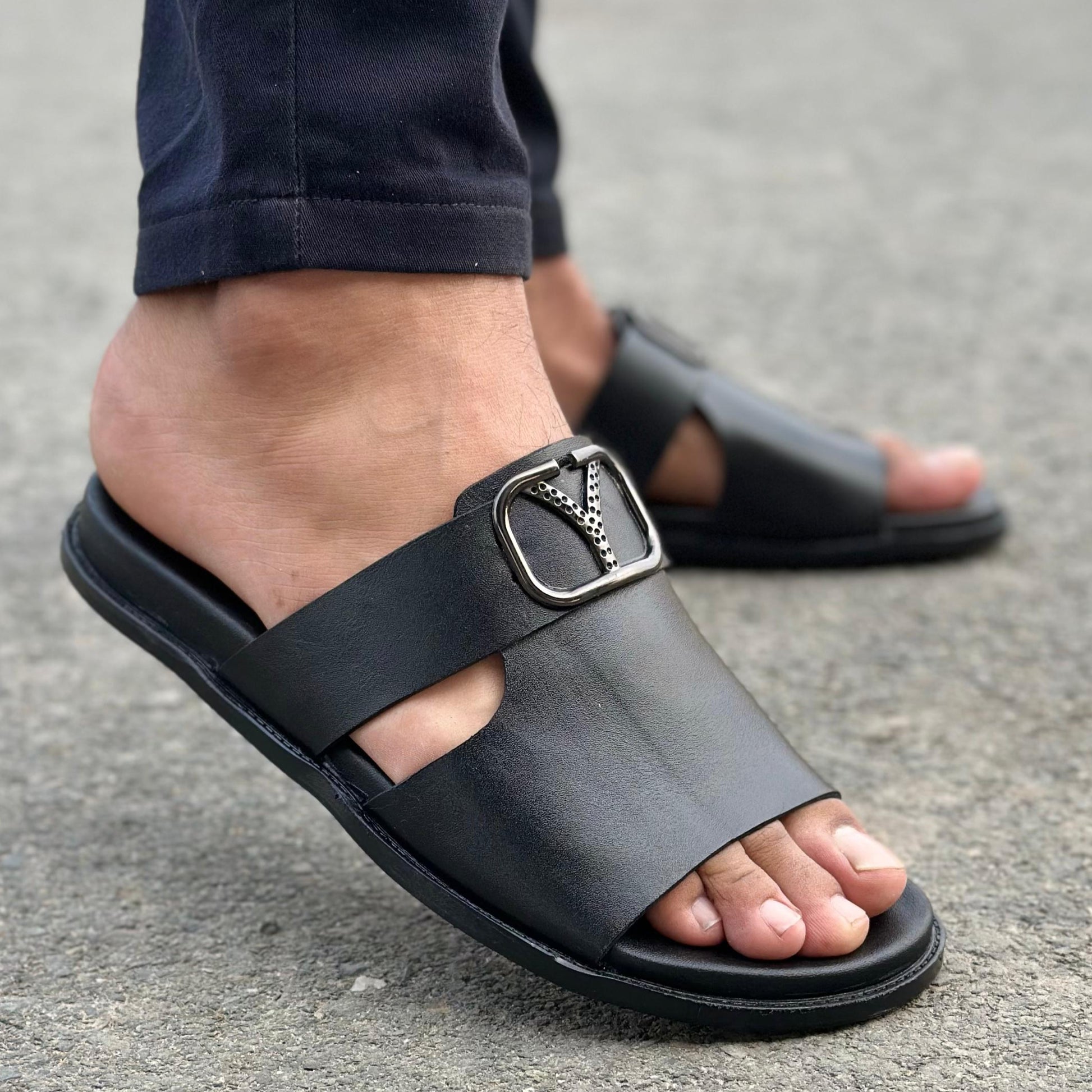 Mack Black Handmade Leather Slipper for Men